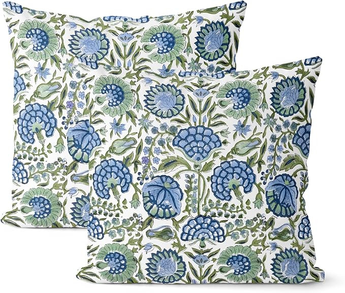 Boho Navy Blue Pillow Covers 18x18 Inch 2 Pcs Sage Green Vintage Floral Decor Throw Pillows Sprin... | Amazon (US)