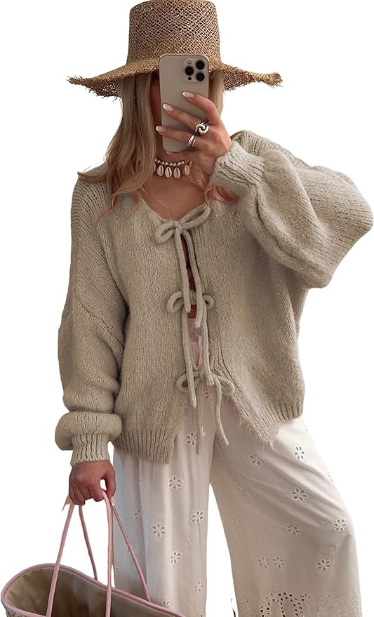 SKIKYAN Women Bowtie Oversized Knit Sweater Cardigan Y2K Long Sleeve V Neck Open Front Casual Kni... | Amazon (US)
