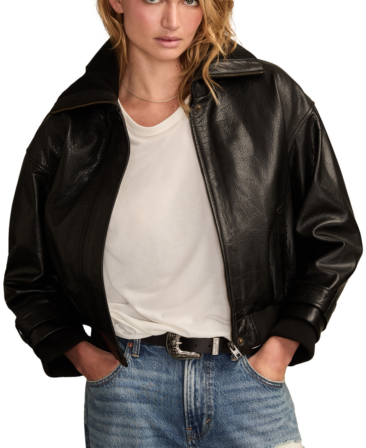 Lucky Brand Women's Exaggerated Collar Leather Jacket - Black | Macy's