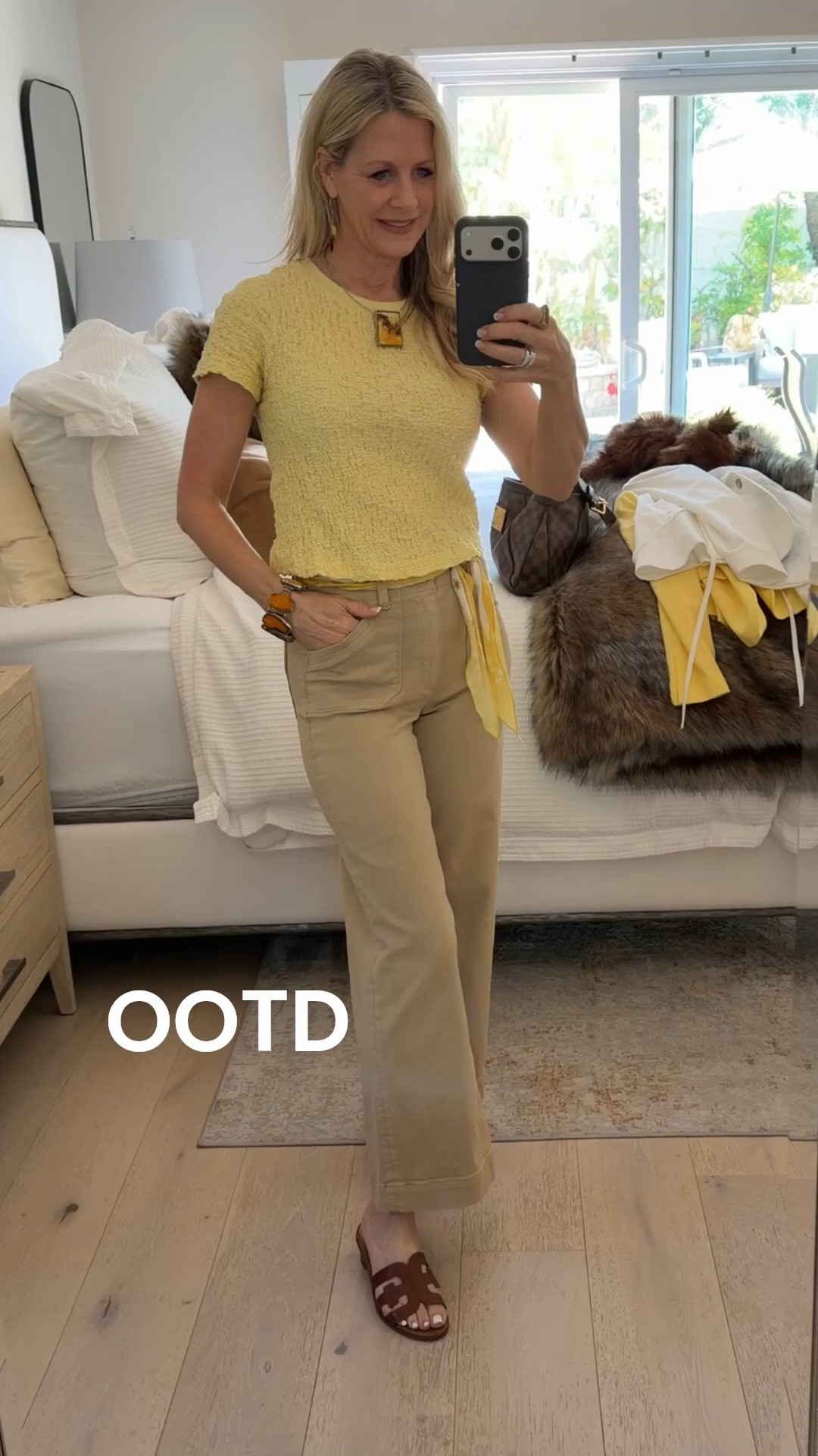 Sunny OOTD 💛 Styled this yellow short sleeve top with Paige brown cropped jeans, scarf belt and brown sandals for an easy, polished everyday look. A chic spring outfit that feels effortless and put together. Linking similar pieces.

#LTKOver40 #LTKootd