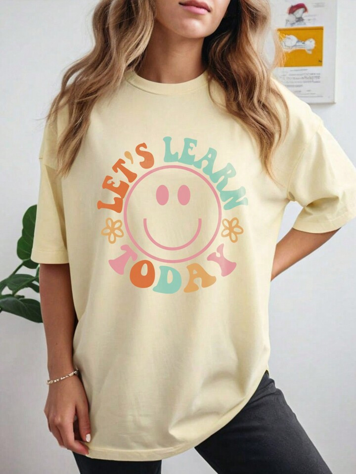 SHEIN EZwear Teacher's Day 'In My Teacher Era' English Printed Casual Loose Fit Short Sleeve Beac... | SHEIN