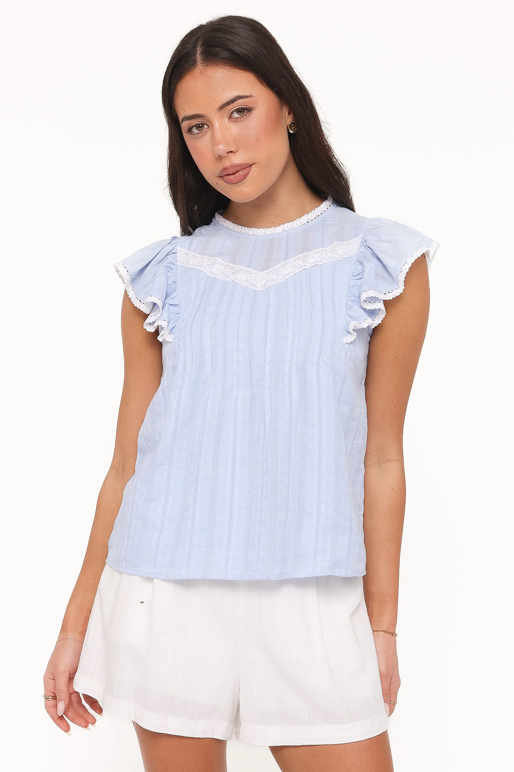 Laoise Lace Inset Ruffle Top - Light Blue | Petal & Pup (US)