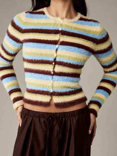 MISSGUIDED Women Retro Y2K Fluffy Knit Cardigan Button Up Fuzzy Mohair Striped Cropped Sweater Fa... | SHEIN