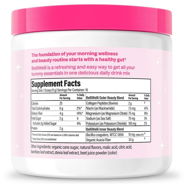 BelliWelli Daily Fiber Supplement with Probiotics, Electrolytes, and Collagen - Strawberry Lemona... | Walmart (US)