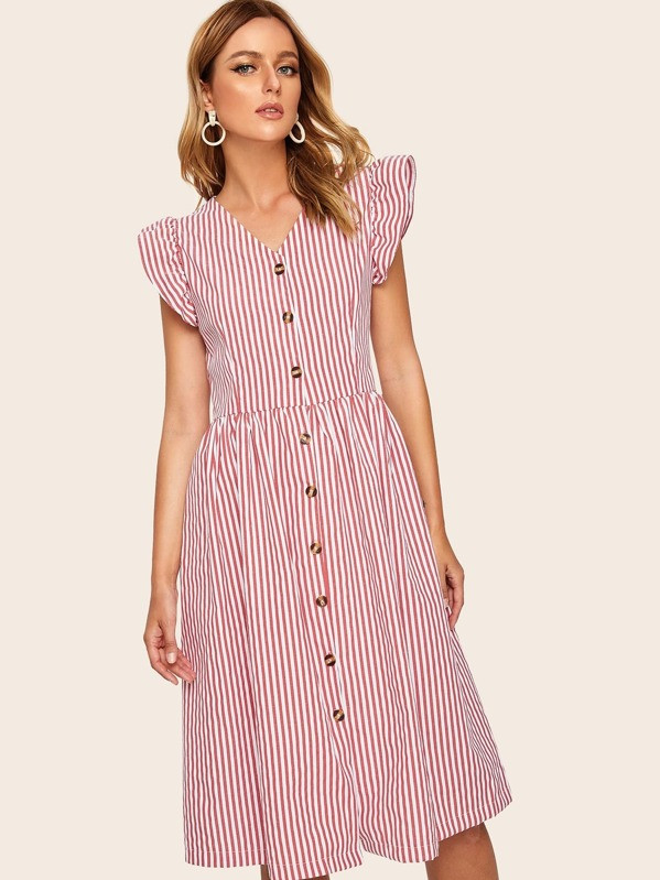 Contrast Ruffle Cuff Button Front Striped Dress | SHEIN
