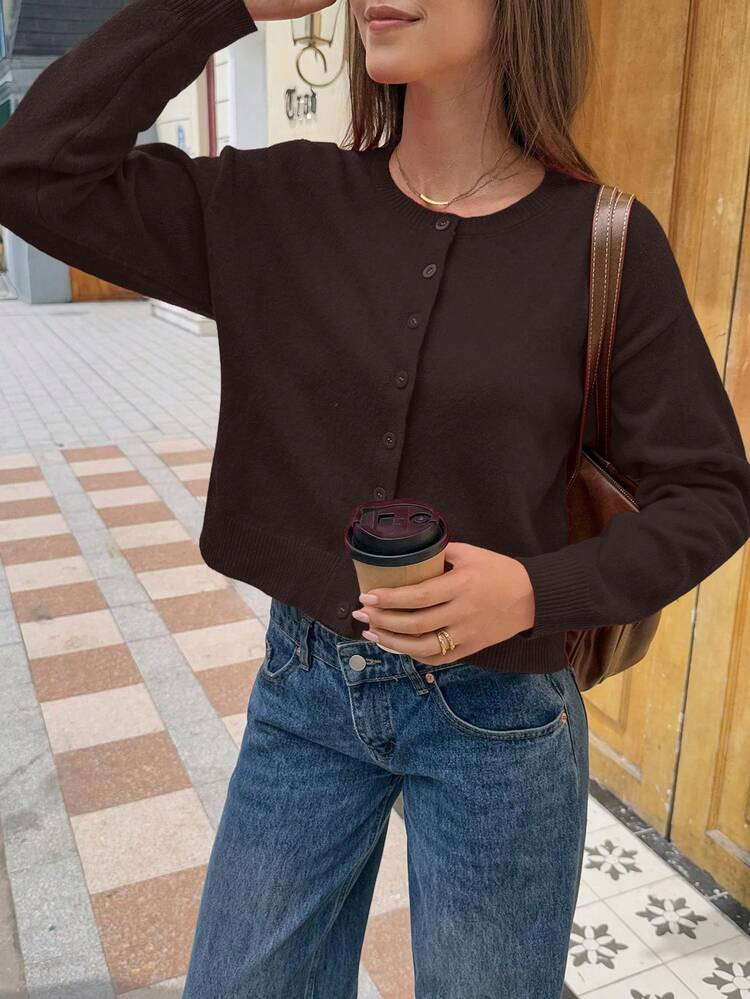 FOR BEAUTY Autumn New Solid Color Round Neck Single Row Button Long Sleeved Knitted Cardigan Top,... | SHEIN