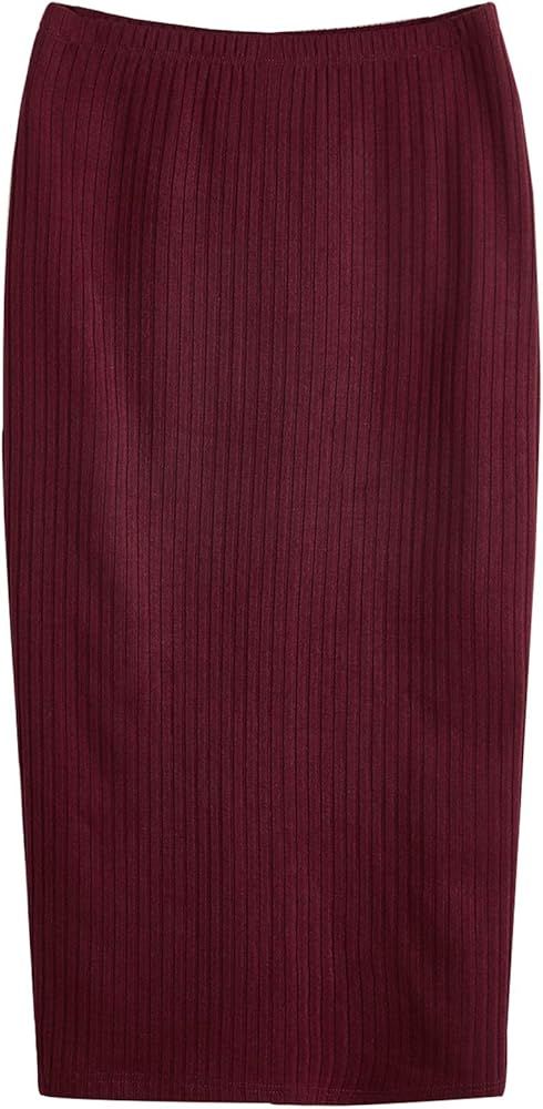 SheIn Women's Basic Plain Stretchy Ribbed Knit Split Full Length Skirt | Amazon (US)