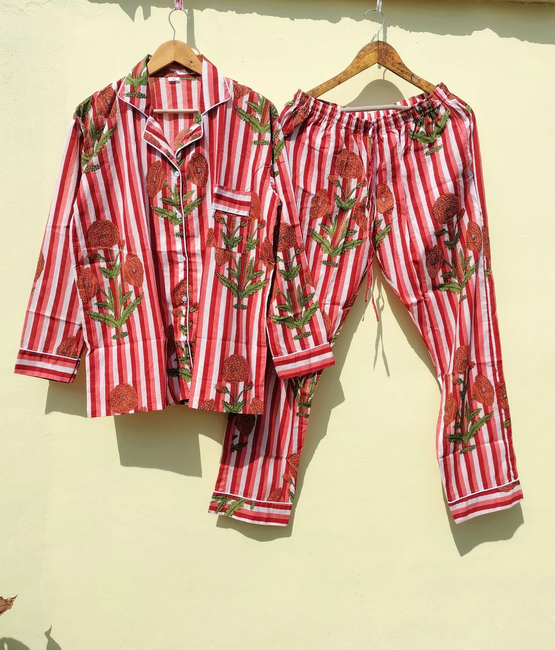 Indian Cotton Pajama Set: Striped Floral Print Summer Sleepwear | Etsy (US)