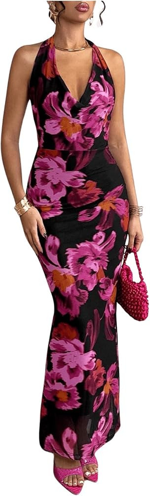 Milumia Women's Mesh Floral Open Back Deep V Neck Halter Maxi Long Dress | Amazon (US)