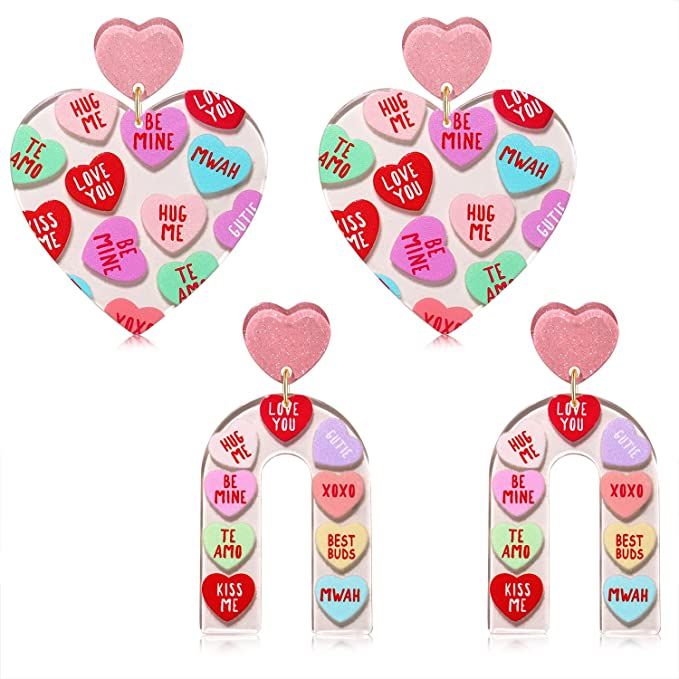 Valentine's Day Earrings Acrylic Heart Rainbow Dangle Earrings Red Pink Love Statement Earrings H... | Amazon (US)
