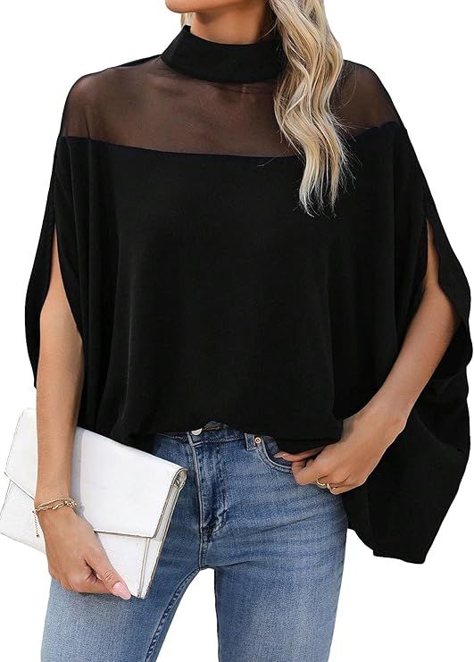 MakeMeChic Women's Short Cape Sleeve Mock Neck Contrast Mesh Loose Casual Blouse Shirts Tops | Amazon (US)