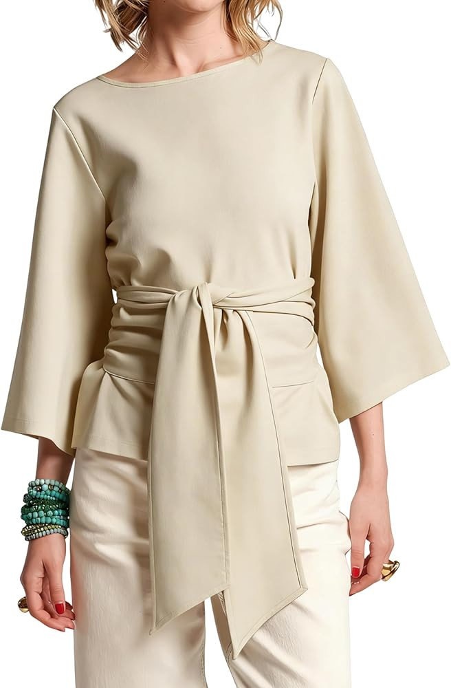 Women's Waist Belted Blouse Crew Neck 3/4 Trumpet Sleeve Casual Tunic Loose Fit Tops | Amazon (US)