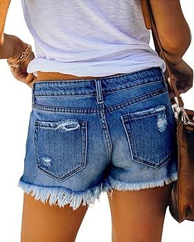 Women Mid Rise Ripped Stretchy Jeans Shorts Frayed Raw Hem Casual Denim Shorts | Amazon (US)