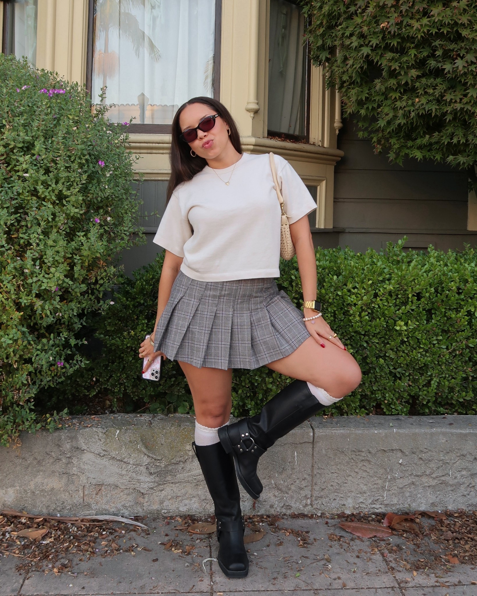 Casual fall outfit for warm weather 🩶 thick cotton t-shirt, grey plaid pleated mini skirt, knee high socks, black leather biker boots 

#LTKStyleTip #LTKSeasonal #LTKShoeCrush