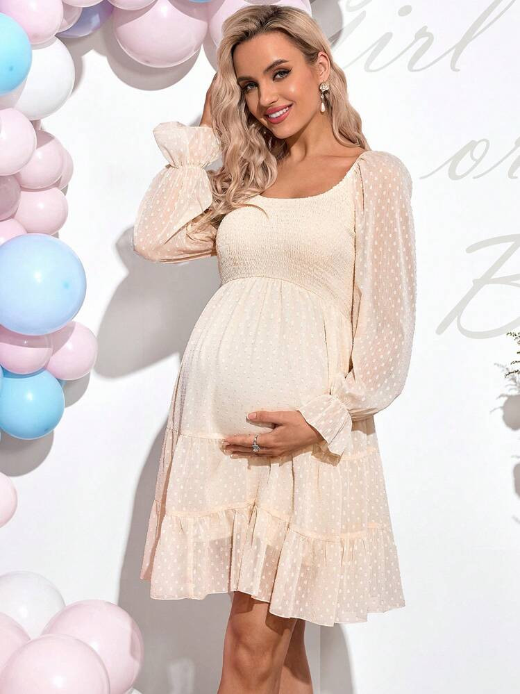 Loomaby Gender Reveal Dress Elegant Solid Color Ruffle Sleeve Women's Summer Dress For Baby Showe... | SHEIN