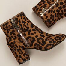 Almond Toe Chunky Heel Leopard Booties | SHEIN