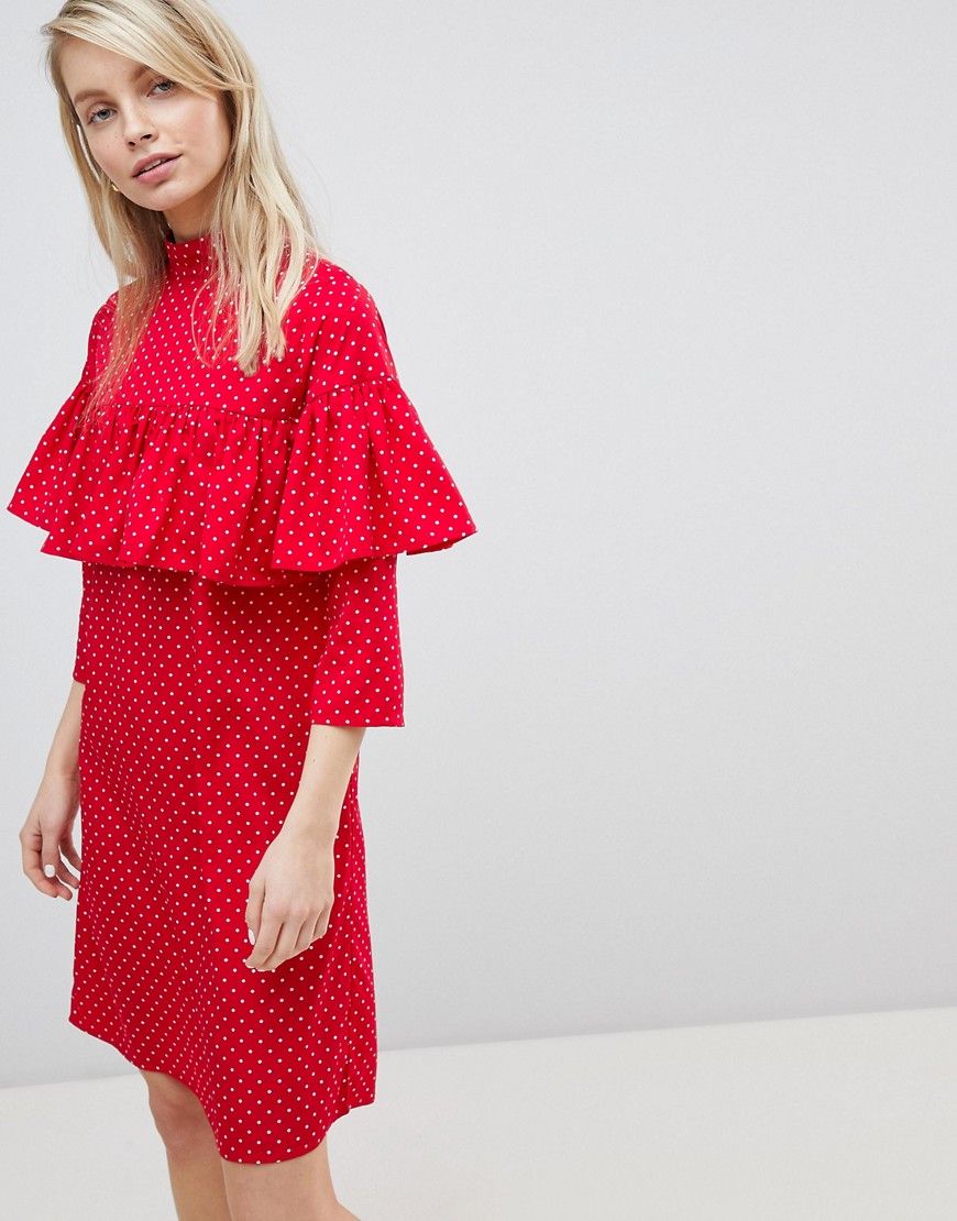 Wednesday's Girl Shift Dress With Ruffle Layer In Ditsy Spot - Red | ASOS US