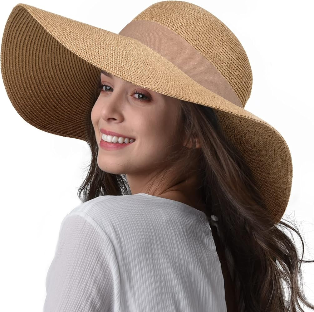 Womens Sun Straw Hat Wide Brim UPF 50 Summer Hat Foldable Roll up Floppy Beach Hats for Women | Amazon (US)