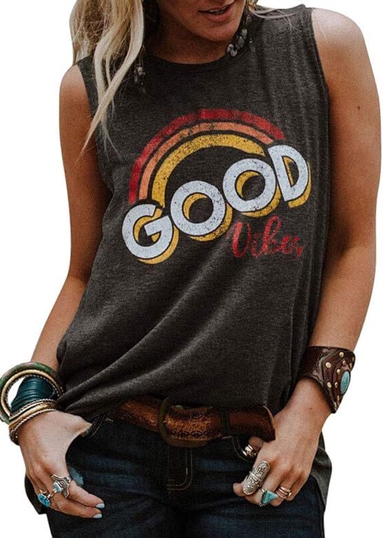 Women Vintage Sleeveless Good Vibes Rainbow Muscle Tank Tops Casual Graphic Tee T-Shirt | Amazon (US)