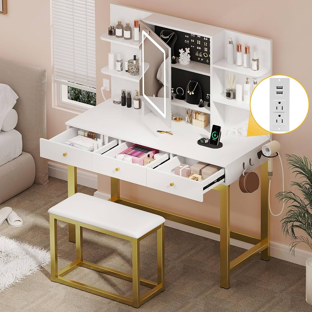 DWVO 39.5 W Vanity Desk Set, Makeup Table with LED Lighted Mirror and Power Outlet, Adjustable 3 ... | Amazon (US)
