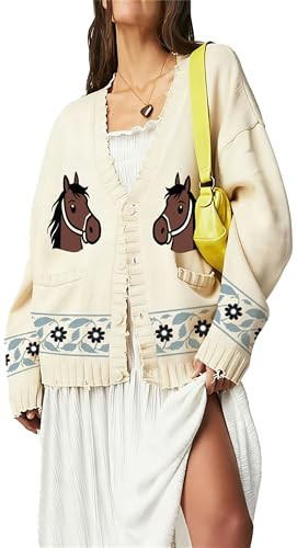 Women Shawl Collar Cardigan Sweater Lobster Print Long Sleeve Button Down Jumper Tops Vintage Chunky Knit Coat (Horse Flower Print, M) | Amazon (US)