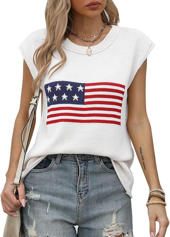 Alsol Lamesa Women’s American Flag Graphic Cap Sleeve Vest Knit Lightweight Sweater Crew Neck T... | Amazon (US)