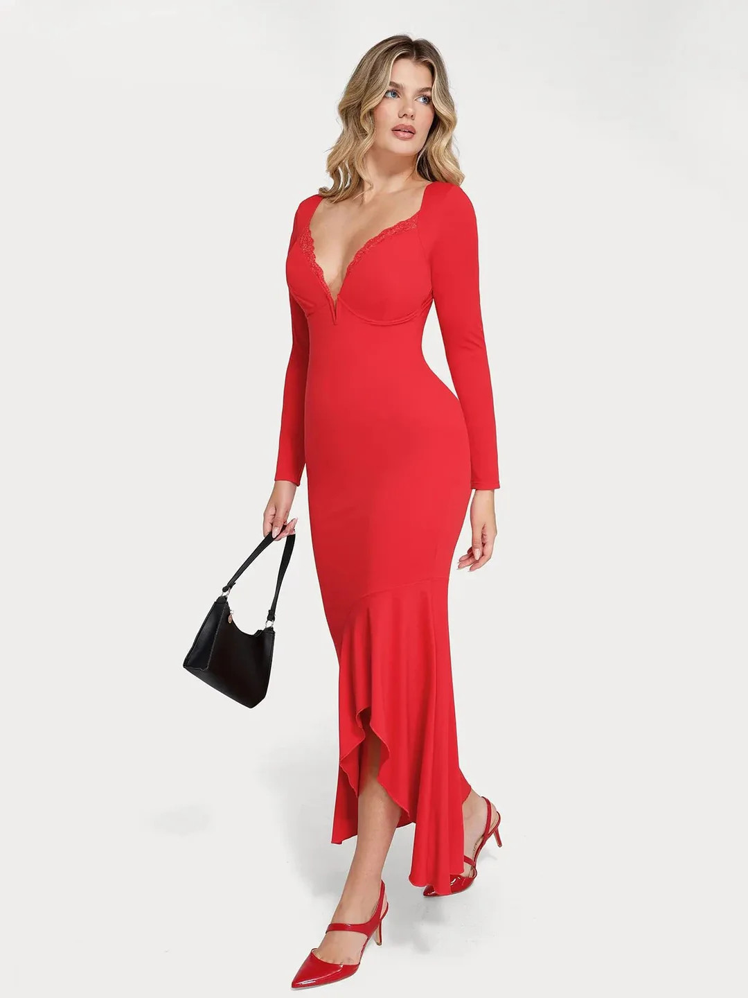 Shapewear Long Sleeve Lace Trim Sculpting Mermaid Maxi Dress | Popilush