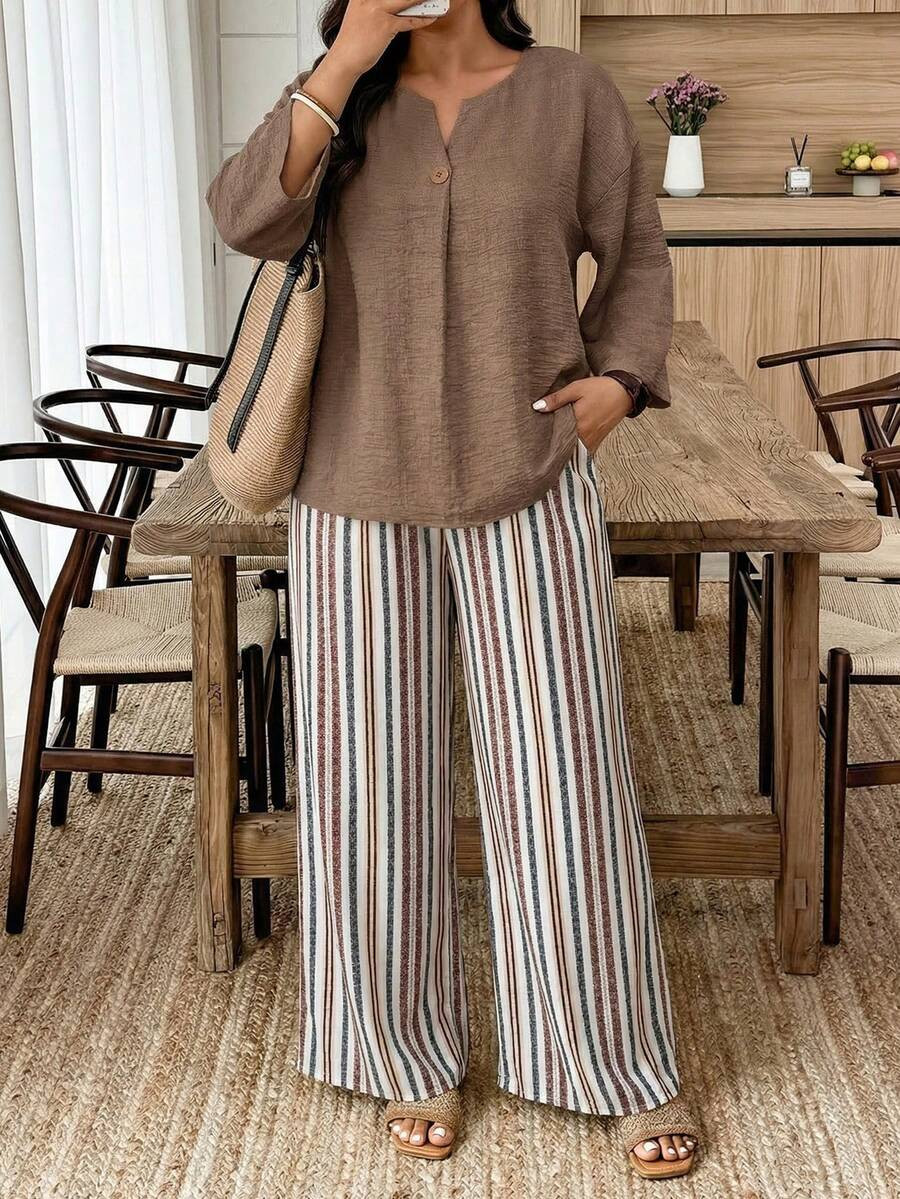 Weeklong Casual Solid Color Shirt And Striped Pants 2 Pieces Set, Plus Size | SHEIN