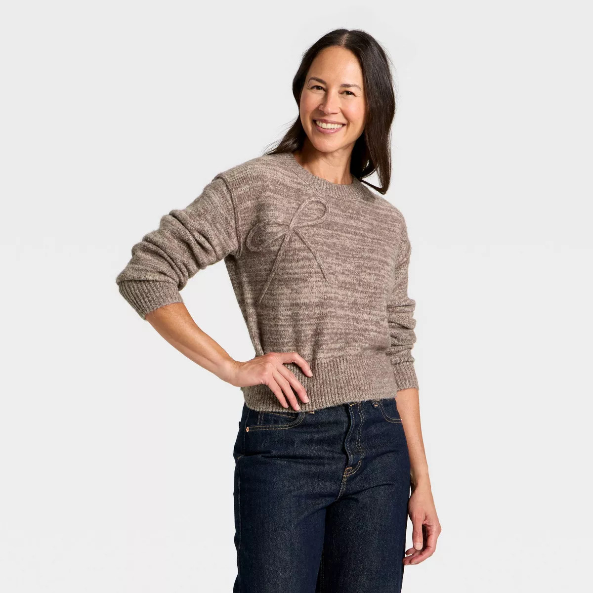 Women's Holiday Crewneck Pullover Sweater - Universal Thread™ Brown Bow | Target