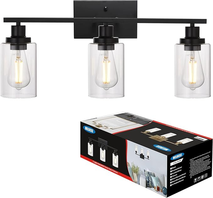 MELUCEE Bathroom Vanity Light Fixtures 3 Lights Wall Sconce Black with Clear Glass Shade for Bedr... | Amazon (US)