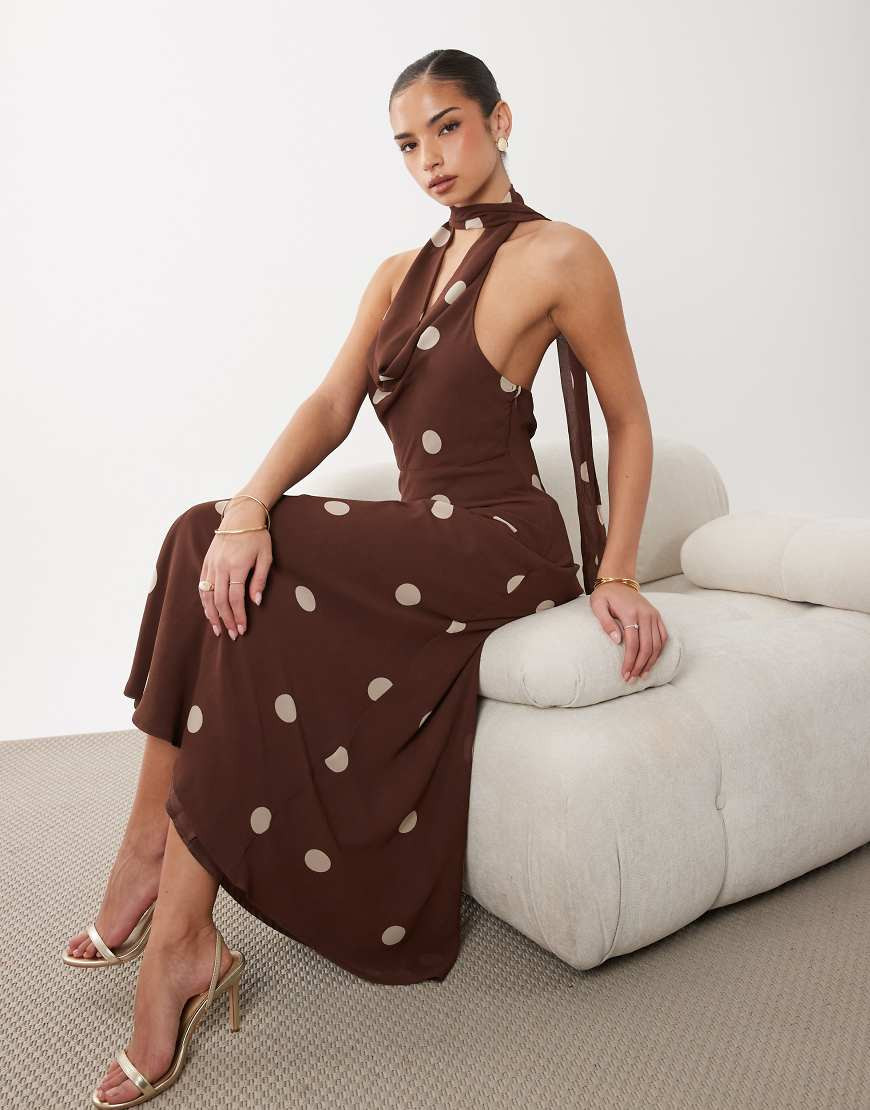 Gina Tricot scarf neck maxi dress in brown polka dot | ASOS (Global)