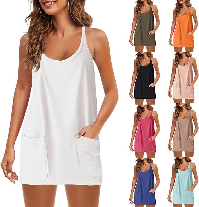 BQOQB Summer Dress Sleeveless V Neck Spaghetti Strap Sundress Athletic Short Dress with for Women... | Amazon (US)