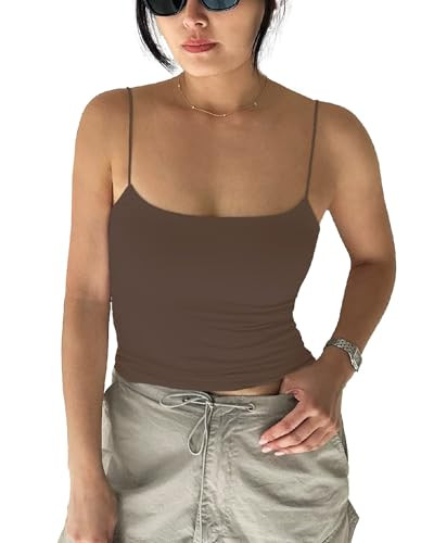 Close Friend Women Summer Thin Strap Tank TOP - Double Layer Sexy CAMI - Basic Casual Going Out Shirt Spaghetti Strap (US, Alpha, X-Large, Regular, Regular, Mocha Brown) | Amazon (US)