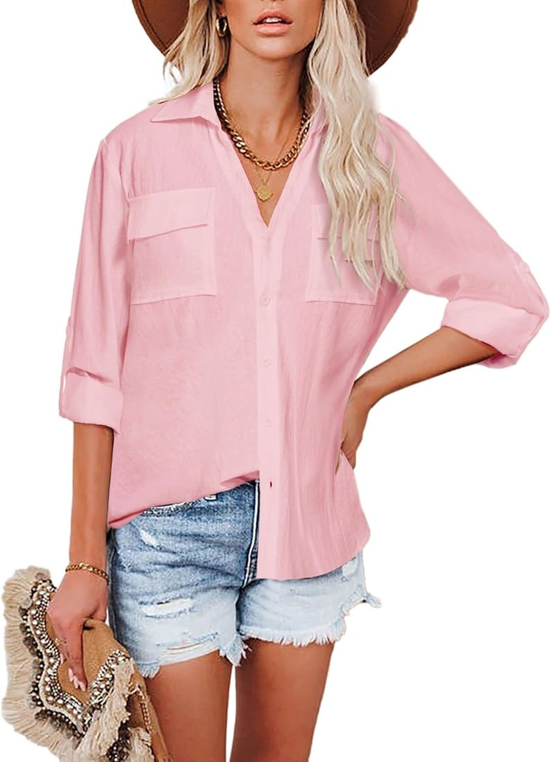 Hotouch Women's Cotton Linen Shirt Button Down Blouse Long Sleeve V Neck Roll Up Casual Work Tops... | Amazon (US)