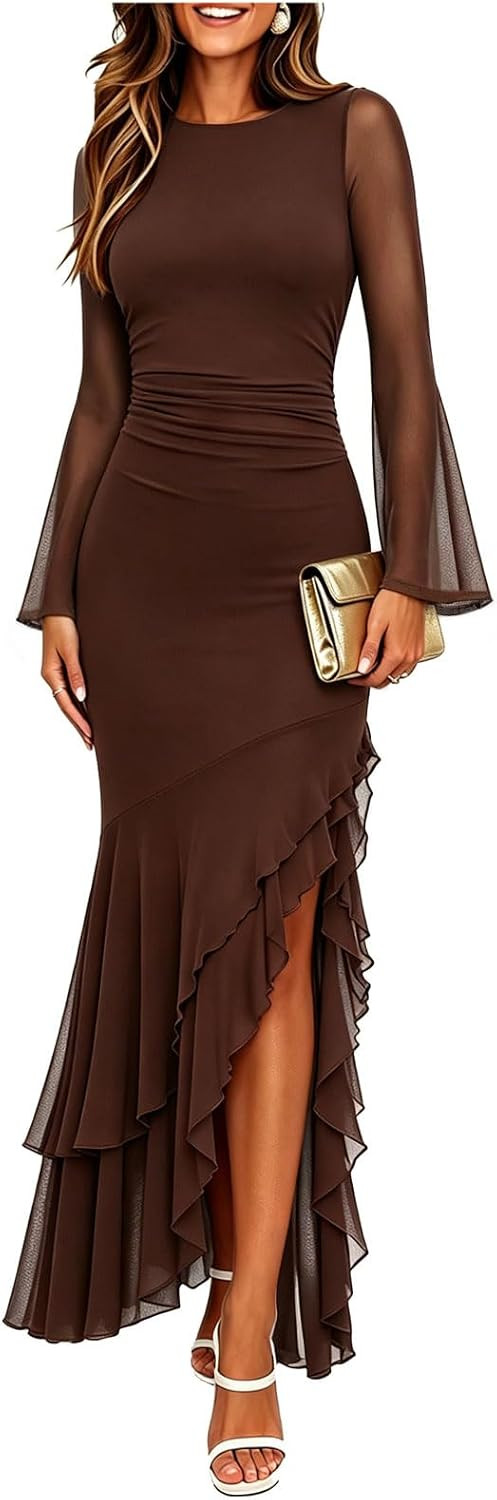 Women's Ruched Bodycon Long Sleeve Maxi Dress Mesh Mermaid Cocktail Formal Wedding Guest Party Long Dresses | Amazon (US)