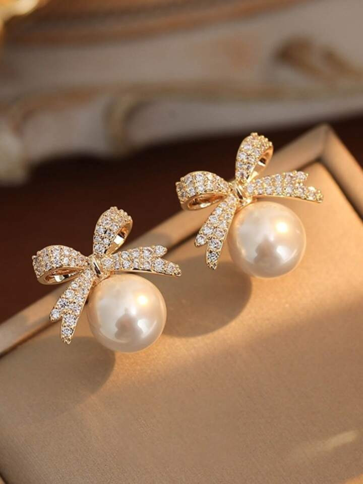 2 Elegant Fashion Diamond Pearl Bow Earrings For Women | SHEIN