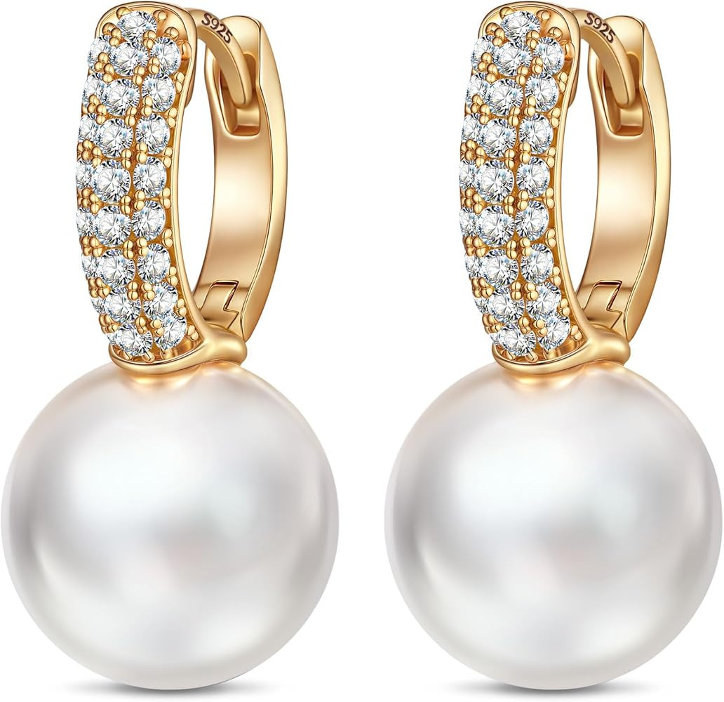 12MM Sterling Silver Pearl Earrings, Created with Swarovski® Pearls, 14K Gold Plated Hoop, Jewel... | Amazon (US)