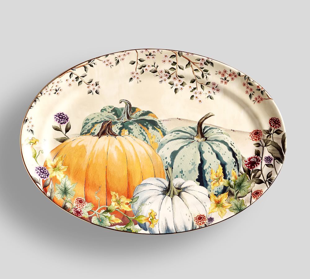 Botanical Harvest Pumpkin Stoneware Oval Serving Platter | Pottery Barn (US)