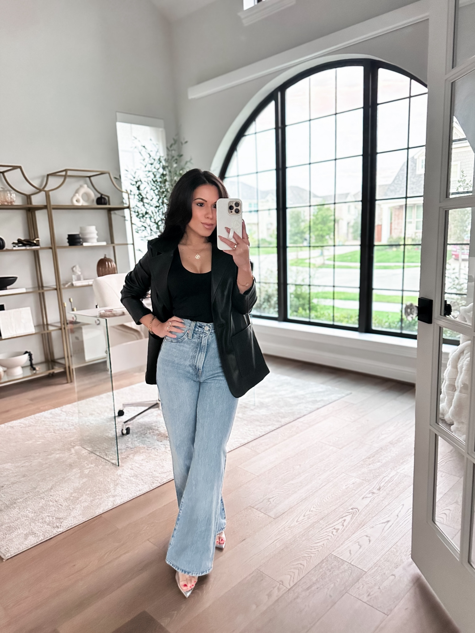 Flattering wide leg jeans under $100. They have no stretch but my usual size 23 was still big in the waist - had them taken in about 2”. 

Good American tank size xs (straps are a little long on me)
Levi’s wide leg denim size 23
Faux leather boyfriend blazer (exact is old, similars linked)
Clear heels
Victoria Emerson jewelry 

Fall outfit, transitional outfit, timeless outfit, closet staples, fall fashion, Levi’s jeans, good American 

#LTKFindsUnder100 #LTKSeasonal #LTKStyleTip