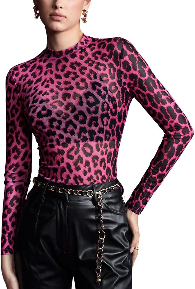 Verdusa Women's Leopard Print Tops Sheer Mesh Top Y2k Clothes Mock Neck Long Sleeve Fitted T Shir... | Amazon (US)
