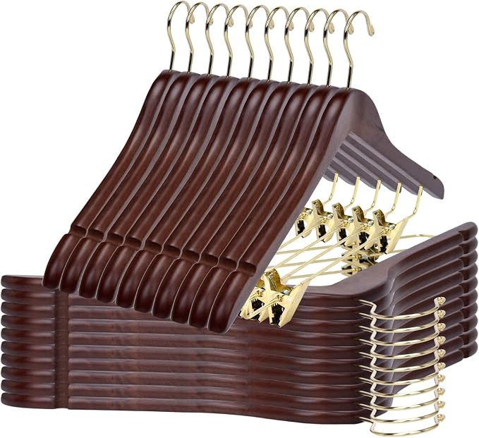 Quality Wooden Skirt Hangers with Clips - 20 Pack Walnut Pants Hangers with Adjustable Gold Metal... | Amazon (US)