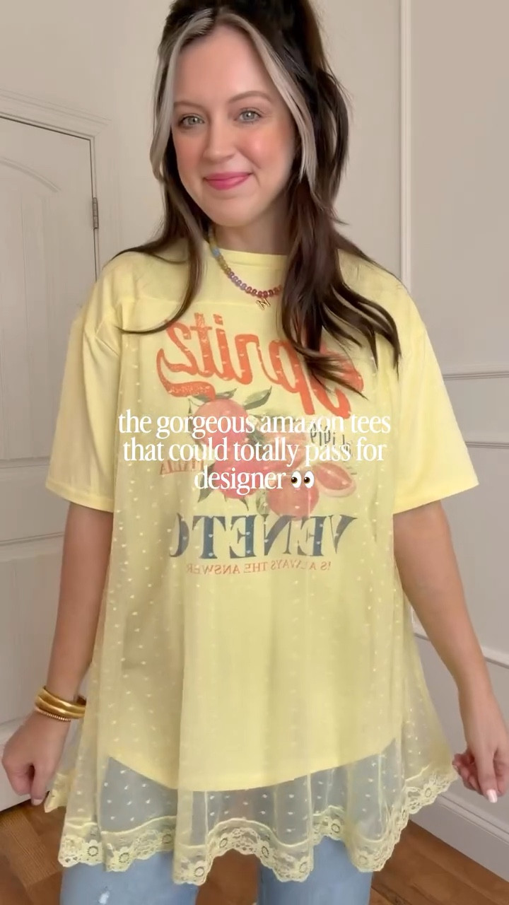 Comment TEES to shop these gorgeous oversized tees that have lace overlays! 💗✨ Literally look like a wayyyy more expensive brand but a fraction of the price on Amazon! 🙌🏻 Follow @maciejade for more midsize style! 💓 (wearing size L) 

lace tees | Amazon tops | oversized tees | look for less | designer style | cute tops | midsize style | midsize fashion | casual style | over 30 style | mom style