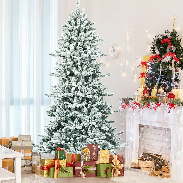 Costway 7Ft Premium Hinged Snow Flocked Slim Artificial Christmas Fir Tree w/ Pine Cones | Walmart (US)