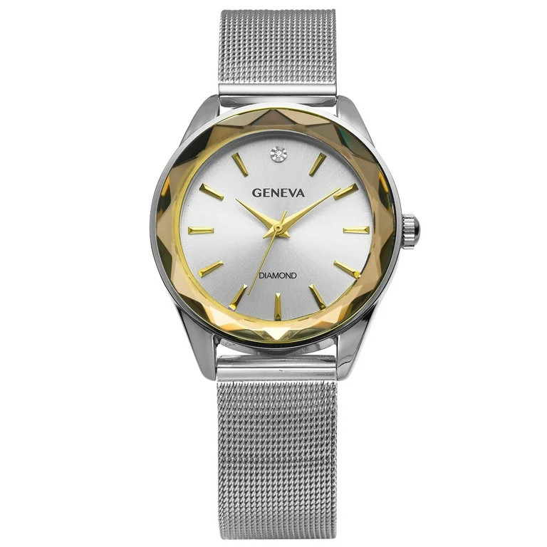 Geneva Ladies Genuine Diamond Dial 34mm Silver Tone Gold Faceted Bezel Adjustable Mesh Watch - Wa... | Walmart (US)