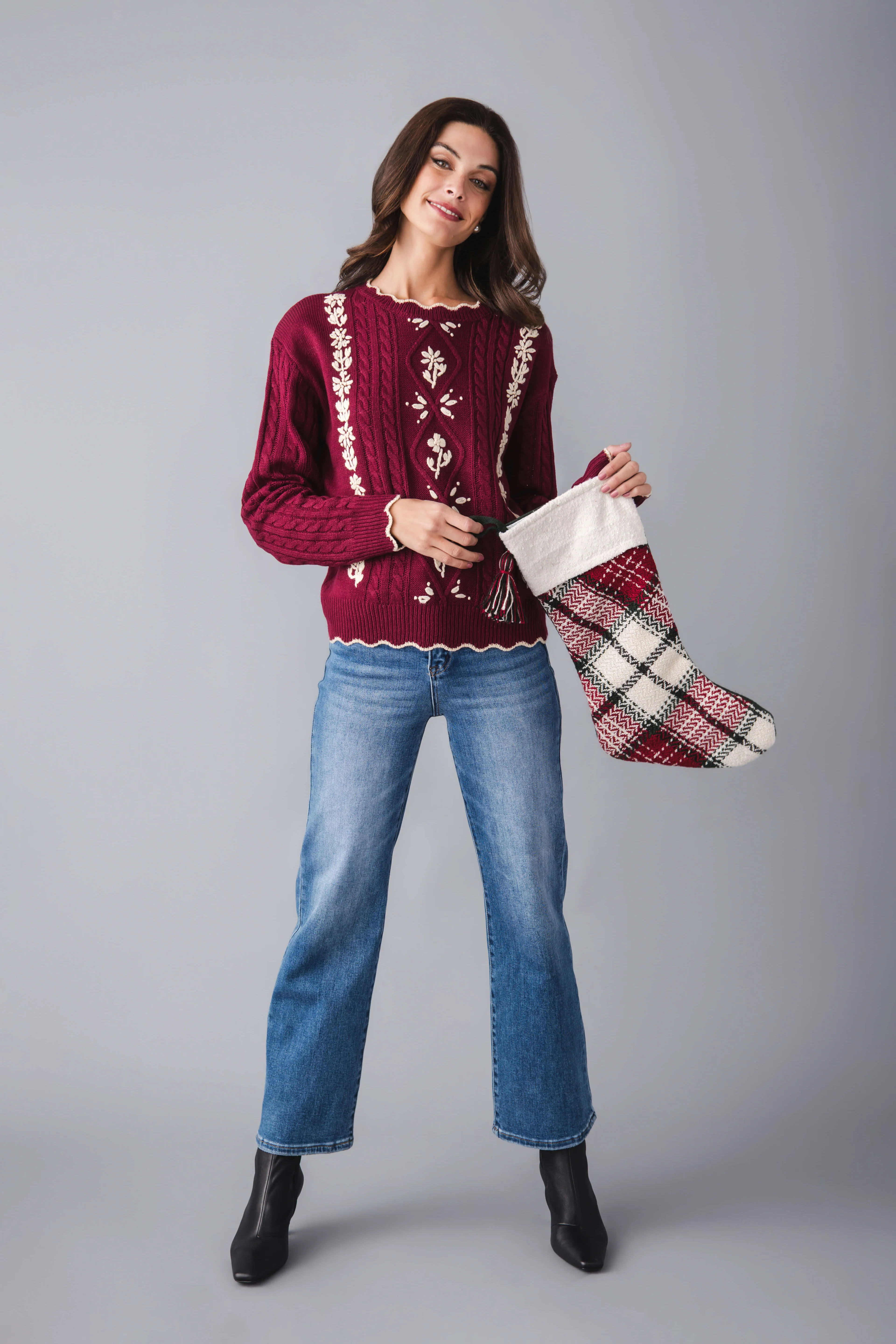 Listicle Floral Embroidered Cable Knit Sweater | Social Threads