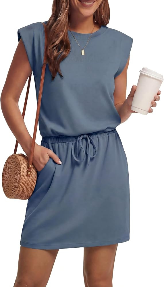 GRECERELLE 2026 Womens Summer Dresses Round Neck Sleeveless Tie Waist Casual Shirt Dress with Poc... | Amazon (US)