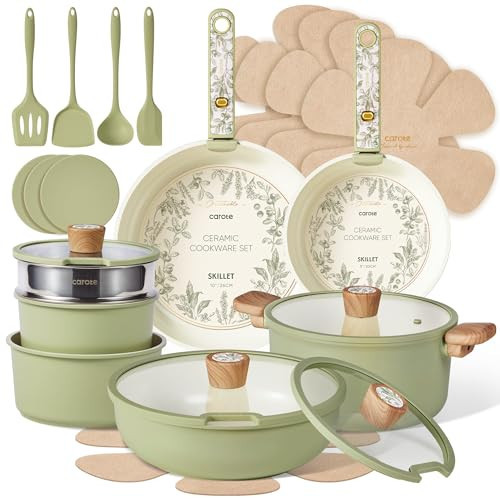 CAROTE 25-Piece Ceramic Cookware Set, Nonstick Pots and Pans Set with Detachable Handle, Non-Toxic Kitchen Cooking Set, Dishwasher & Oven Safe, Induction Compatible, PFAS Free, Green | Amazon (US)