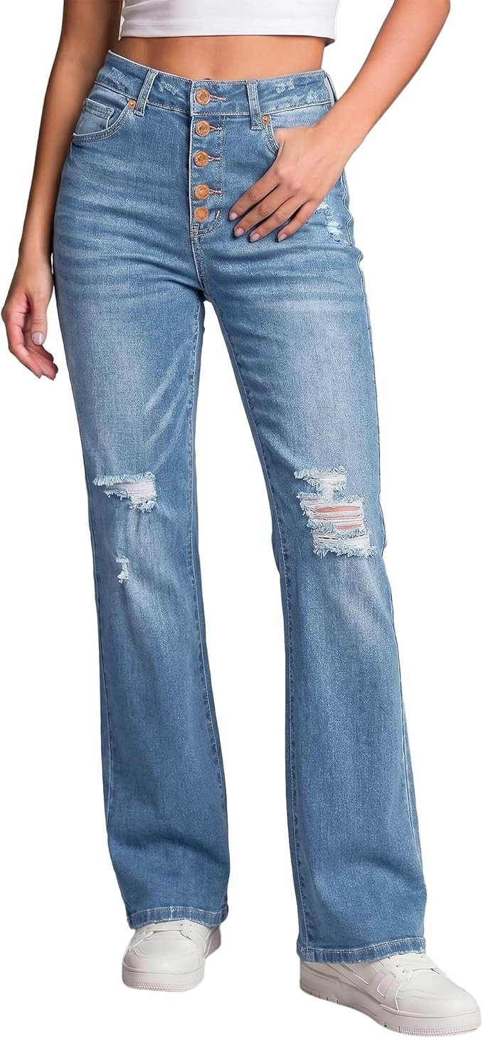 LookbookStore High Waisted Ripped Flare Jeans for Women Distressed Bell Bottom Jeans Wide Leg Pan... | Amazon (US)