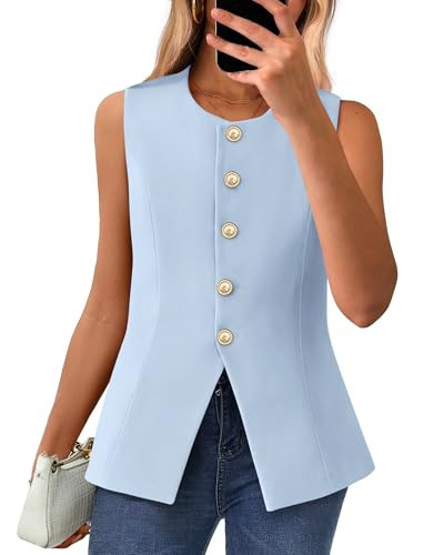 BTFBM Summer Sleeveless Blazer Vest For Women Dressy Button Down Round Neck Business Casual Outfits Work Suit Vests Tops(Light Blue, Medium) | Amazon (US)