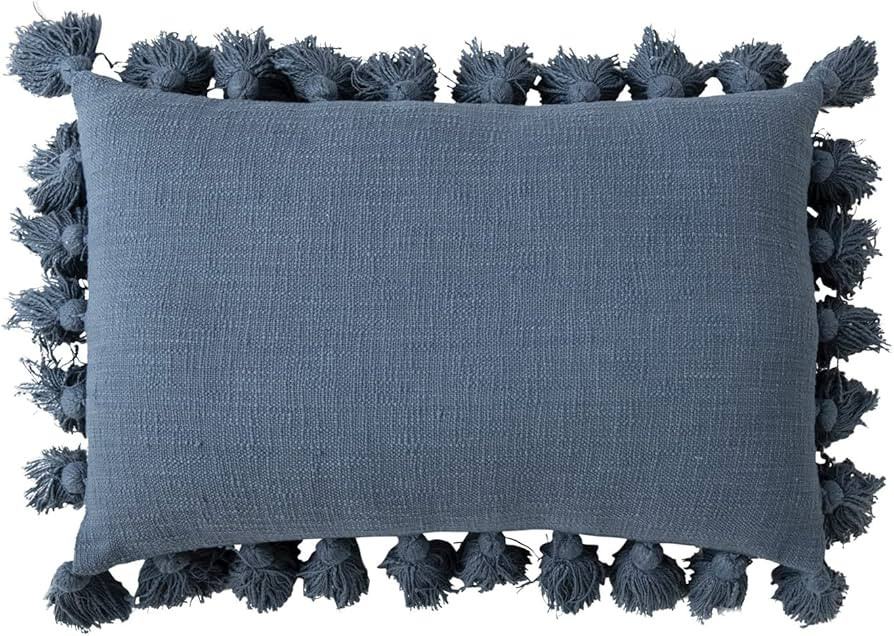 Creative Co-Op Woven Cotton Slub Lumbar Pillow with Crochet and Tassels, 24"L x 16"W x 2"H,Blue | Amazon (US)